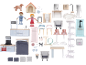 Ensemble de jouets pour maison de poupée avec meubles, figurines et accessoires pour animaux.