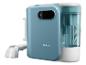 Purificateur d'eau bleu et blanc avec un réservoir transparent et un bouton d'alimentation.