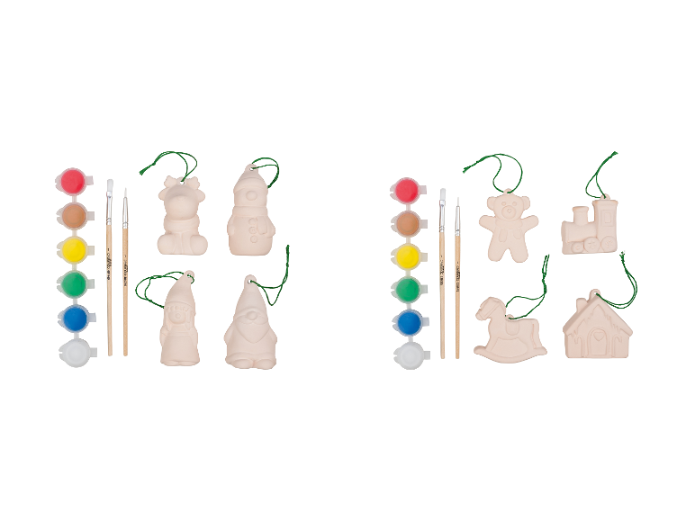 Deux ensembles d'ornements de Noël à peindre, incluant renne, bonhomme de neige, gnomes, ours en peluche, train, cheval à bascule et maison en pain d'épices.