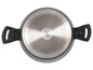 Le dessous d'une casserole Russell Hobbs avec des poignées noires.