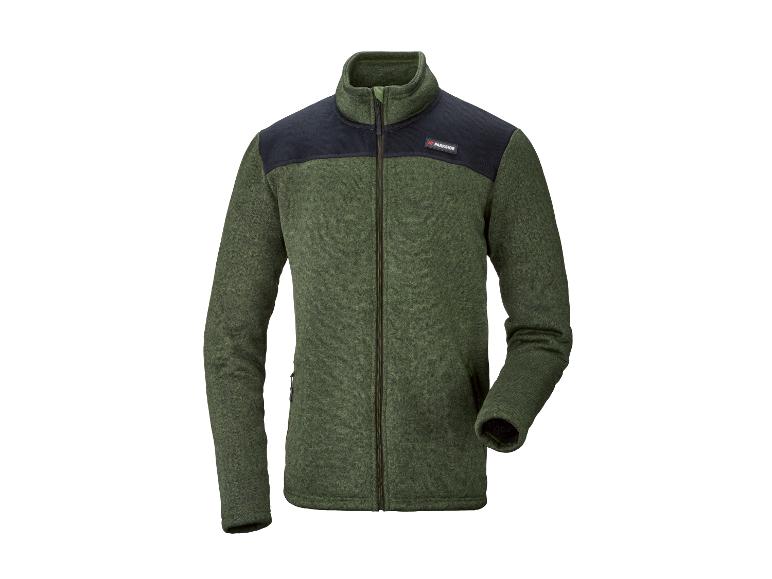 Veste polaire verte avec empiècements noirs aux épaules et col montant.