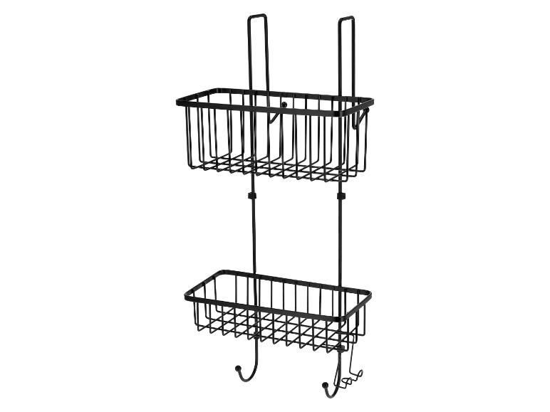 Panier de douche métallique noir à deux niveaux avec crochets.