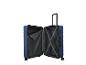 Valise bleue ouverte avec poignée télescopique et sangles internes.