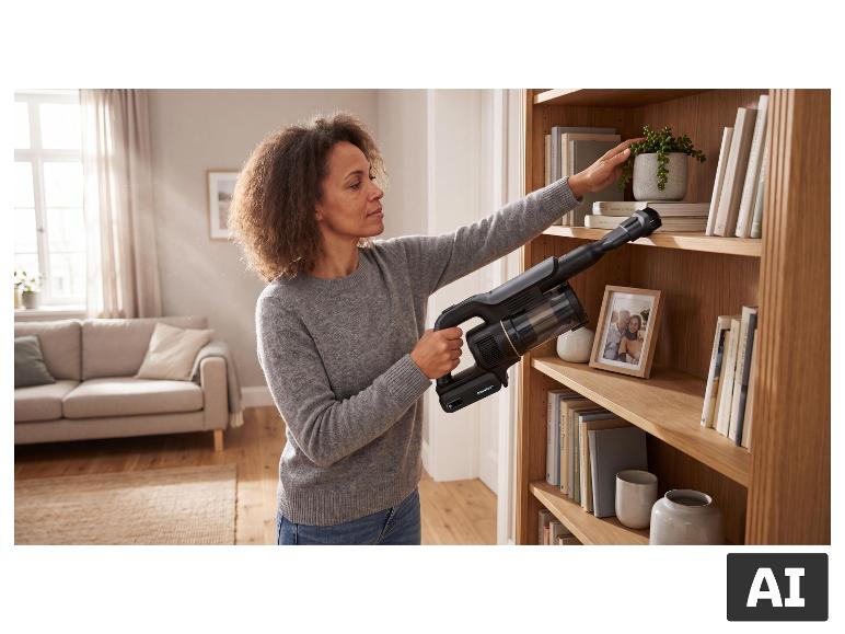 Une femme nettoie une étagère avec l'aspirateur sans fil SILVERCREST®. [image générée par l'IA]