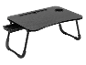 Table pliable noire pour ordinateur portable avec porte-gobelet et tiroir.