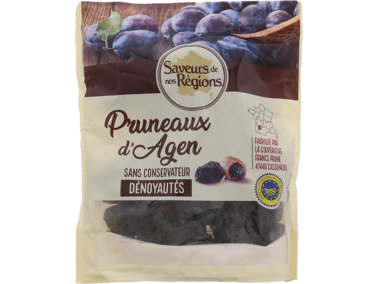 Paquet de pruneaux d'Agen dénoyautés, sans conservateur, avec indication géographique protégée.