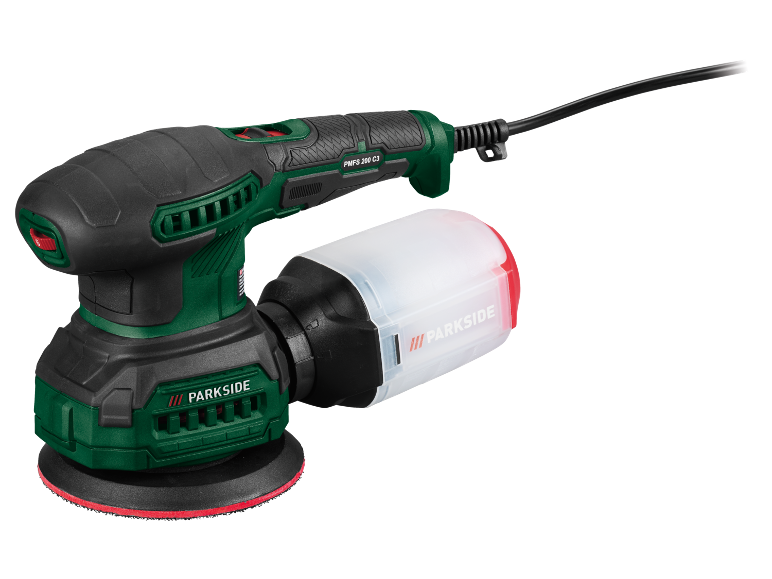 Ponceuse excentrique verte et noire avec sac à poussière attaché.