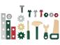 Jouets d'outils en bois : marteau, clé, scie, vis et écrous.