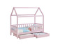 Un lit d'enfant rose avec un cadre en forme de maison et deux tiroirs.