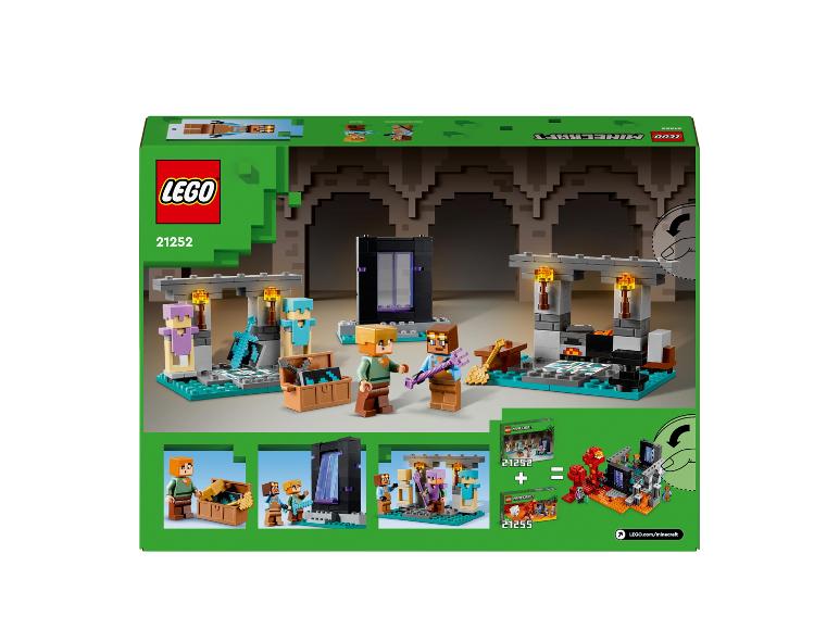 Ensemble LEGO Minecraft avec un portail du Nether et des figurines.
