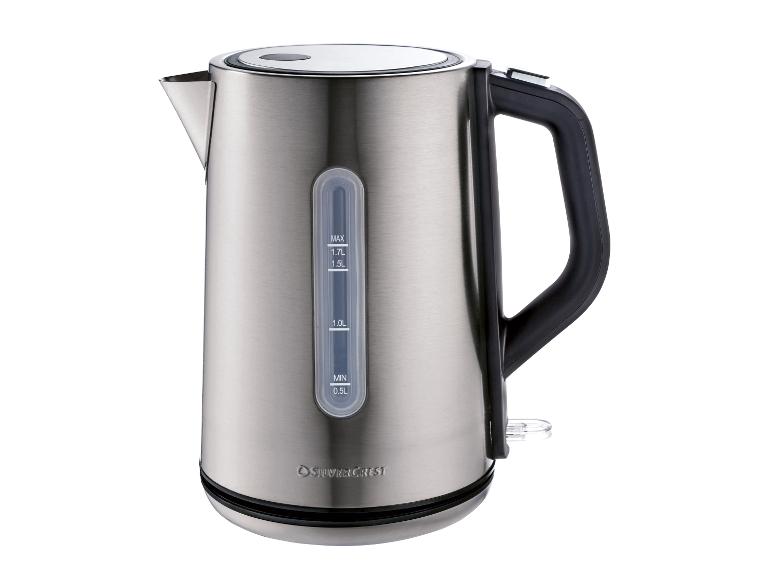 Bouilloire en acier inoxydable avec poignée noire et indicateur de niveau d'eau transparent.