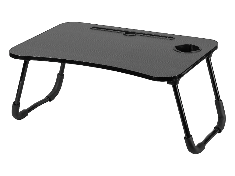 Table pliable noire pour ordinateur portable avec porte-gobelet.
