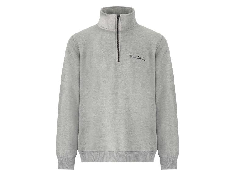Sweat-shirt gris à col montant et fermeture éclair quart, avec un logo brodé sur la poitrine.