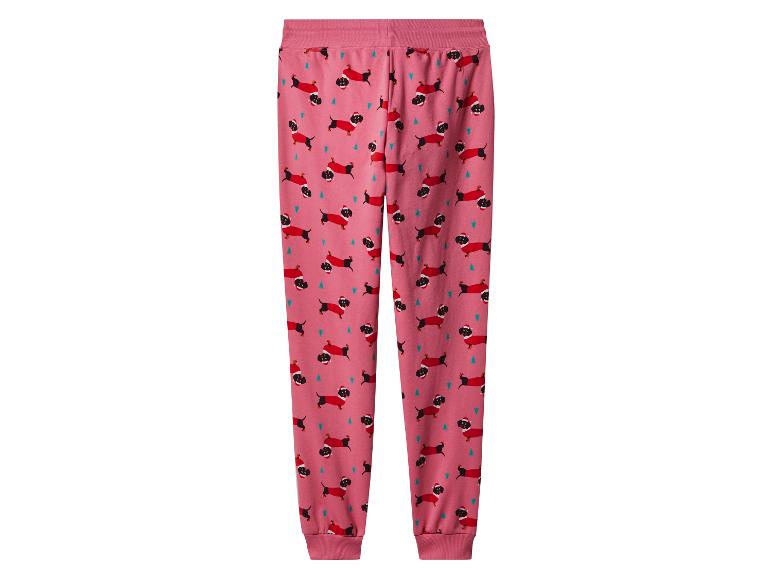 Pantalon de jogging rose avec motif de Noël de teckels et sapins.