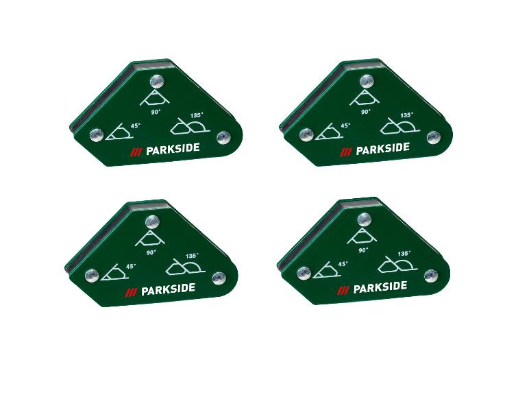 Quatre équerres magnétiques vertes PARKSIDE pour soudure avec des angles de 45°, 90° et 135°.