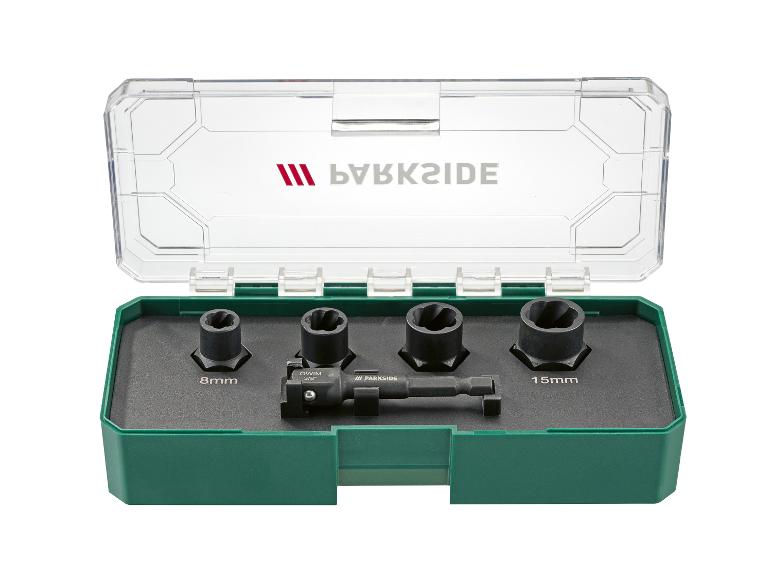 Kit d'extraction de vis endommagées Parkside avec douilles de 8 mm et 15 mm dans un boîtier vert.