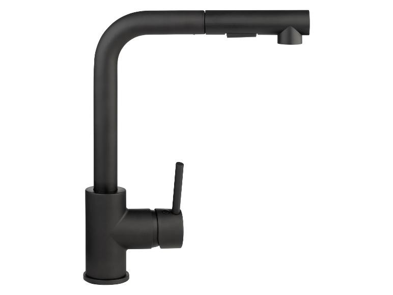Un robinet de cuisine noir avec douchette extractible.