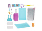 Ensemble valises Barbie avec accessoires comme un sac, des tapis et un chiot.