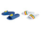 Des tongs Lidl bleues et blanches avec le logo Lidl.