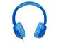 Casque audio bleu à motifs, confortable pour enfants.