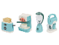 Ensemble d'appareils de cuisine LUPILU® : grille-pain, cafetière, mixeur et batteur à main turquoise et blanc.