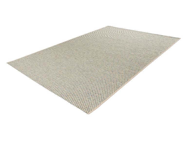 Tapis rectangulaire tissé plat beige et bleu avec un motif à chevrons.