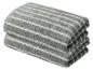 Pile de serviettes de toilette en coton gris-vert à rayures blanches.