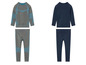 Deux ensembles de sous-vêtements thermiques : gris avec des accents bleus et bleu marine.