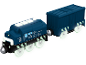 Train jouet bleu avec locomotive E-42 et wagon de marchandises, avec roues lumineuses.