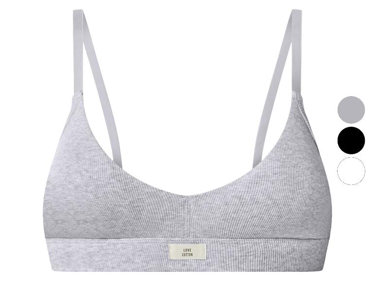 Soutien-gorge de sport gris pour femme avec étiquette 'LOVE COTTON' et options de couleur.