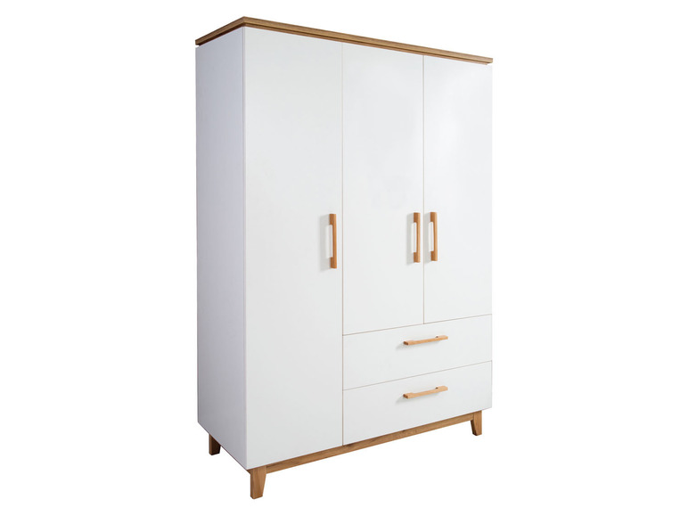 Une armoire blanche à deux portes et deux tiroirs.