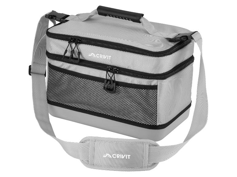 Sac isotherme gris avec deux compartiments, poignée et bandoulière.