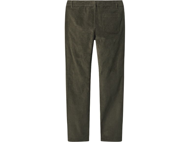 Vue arrière d'un pantalon en velours côtelé vert olive pour homme avec poche.