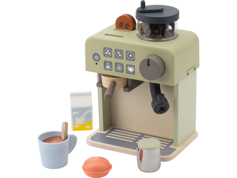 Machine à café jouet en bois vert avec accessoires, tasse et lait.