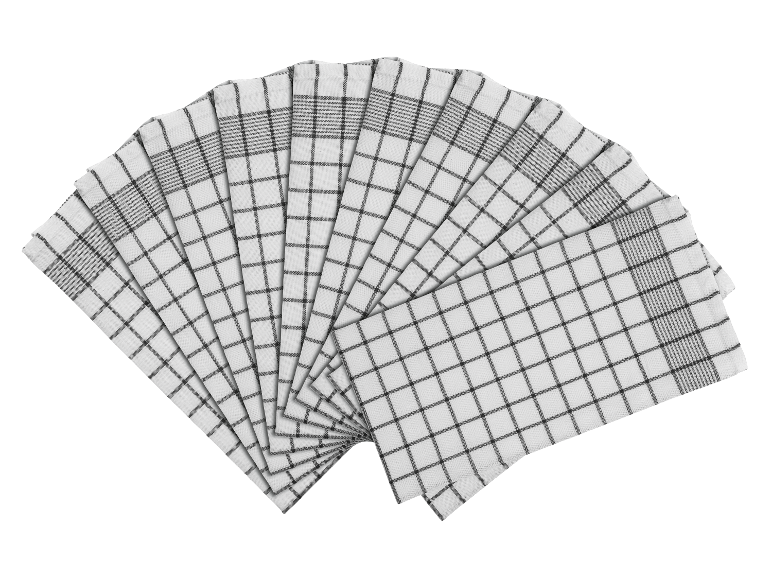 Dix torchons de cuisine à carreaux noirs et blancs.