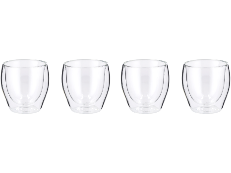 Quatre verres à double paroi pour boissons chaudes ou froides.