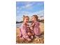 Deux filles en robes roses assises sur le sable près de l'eau, avec des étoiles de mer.