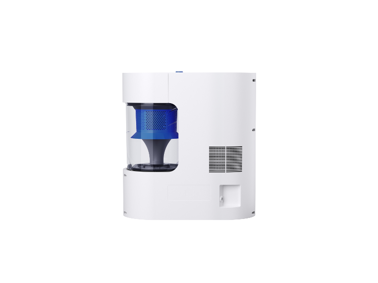 Purificateur d'air blanc avec filtre bleu visible.