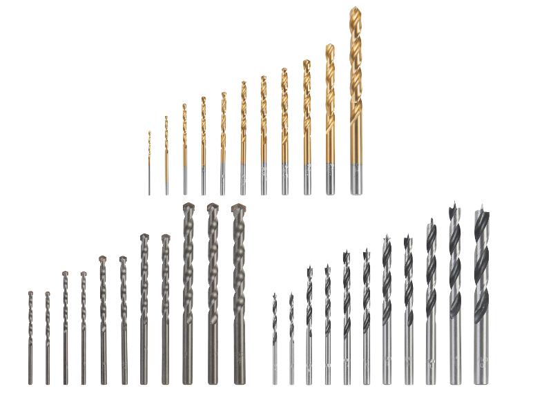 Assortiment de forets pour métal, béton et bois de différentes tailles.