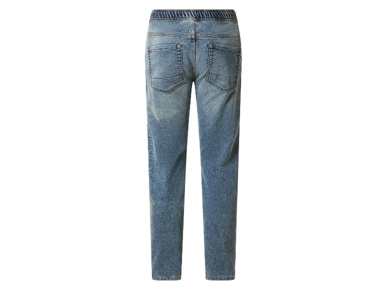 Jean en denim bleu pour enfant avec taille élastique, vue arrière.