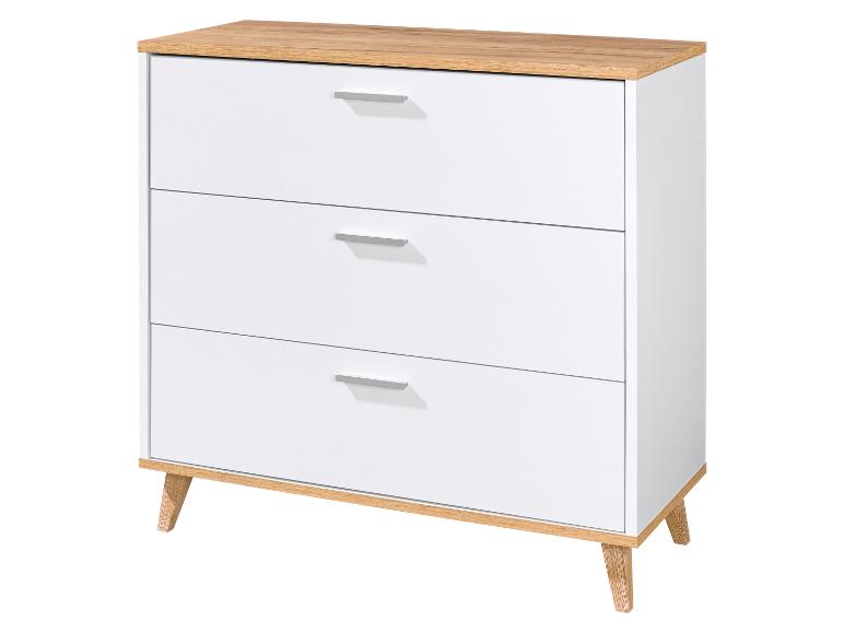 Commode blanche à trois tiroirs avec plateau et pieds en bois