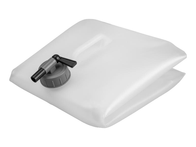 Bidon d'eau pliable blanc avec robinet, idéal pour le camping ou l'extérieur.