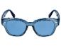 Lunettes de soleil bleues avec montures et verres bleu foncé sur fond blanc.