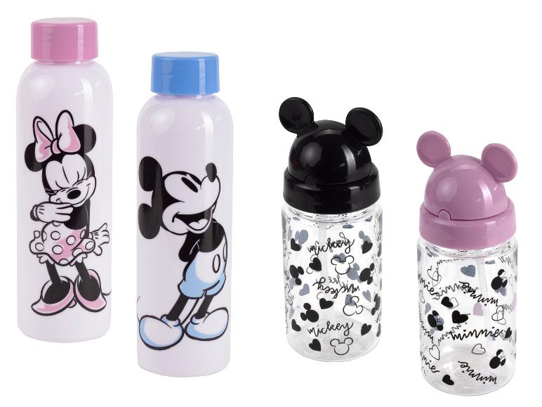 Trois bouteilles d'eau avec des motifs Mickey Mouse et Minnie Mouse.