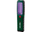 Lampe de travail verte et noire avec éclairage violet, bouton d'alimentation rouge et indicateur de batterie.