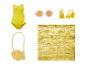 Maillot de bain jaune, lunettes, sandales et sac à main en forme de poisson doré.