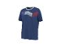 T-shirt de sport bleu avec un motif de rayures blanches et rouges sur la poitrine.