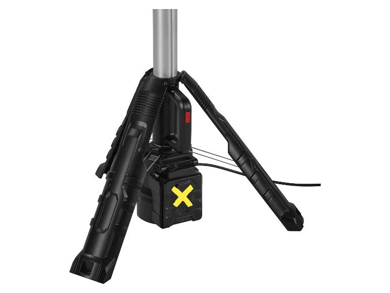 Trépied noir avec un logo 'X' jaune sur fond blanc