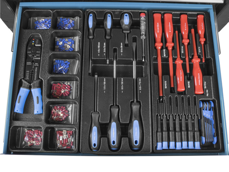 Une boîte à outils contenant des tournevis, des pinces et des cosses de câble.