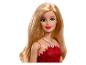 Poupée Barbie aux cheveux blonds, yeux bleus et robe rouge.